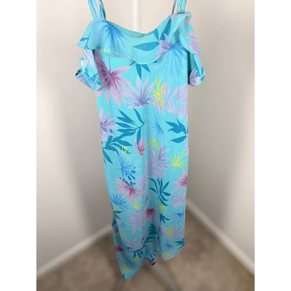 Private Luxuries Tropical Palm Print Handkerchief Hem Midi Nightgown Blue S‎